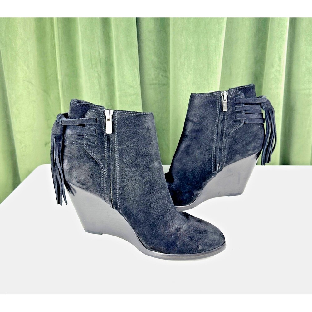 FRYE Black Suede Tassel Size Zip Wedge Booties Women's Size 8.5M